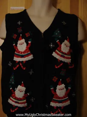 Tacky Ugly Christmas Sweater Vest with Leaping Santas and Tassle Zip Pull (f375)