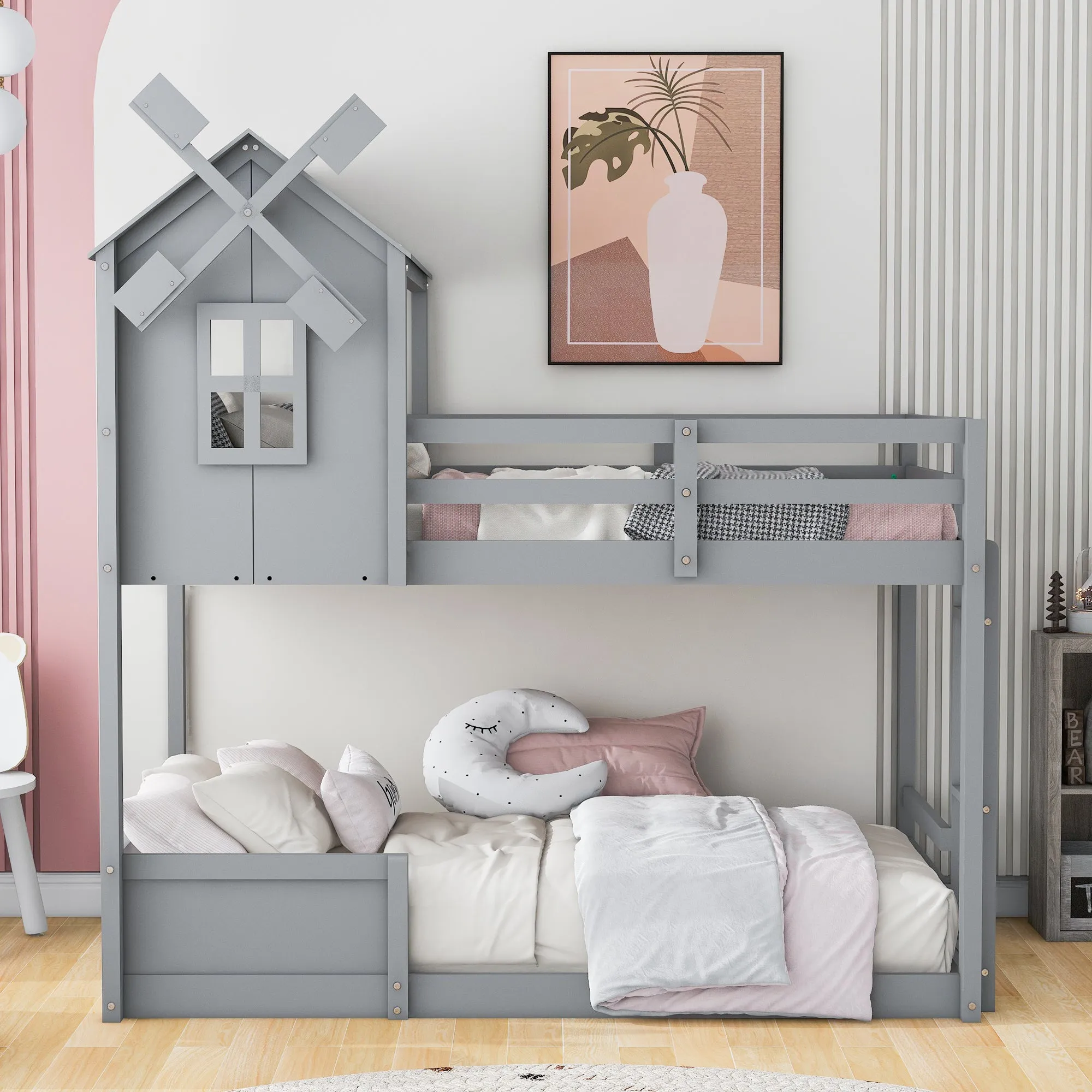 Twin over Twin Bunk Bed with Roof and Window, with Guardrails and Ladder, Gray