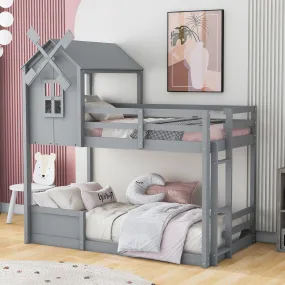 Twin over Twin Bunk Bed with Roof and Window, with Guardrails and Ladder, Gray