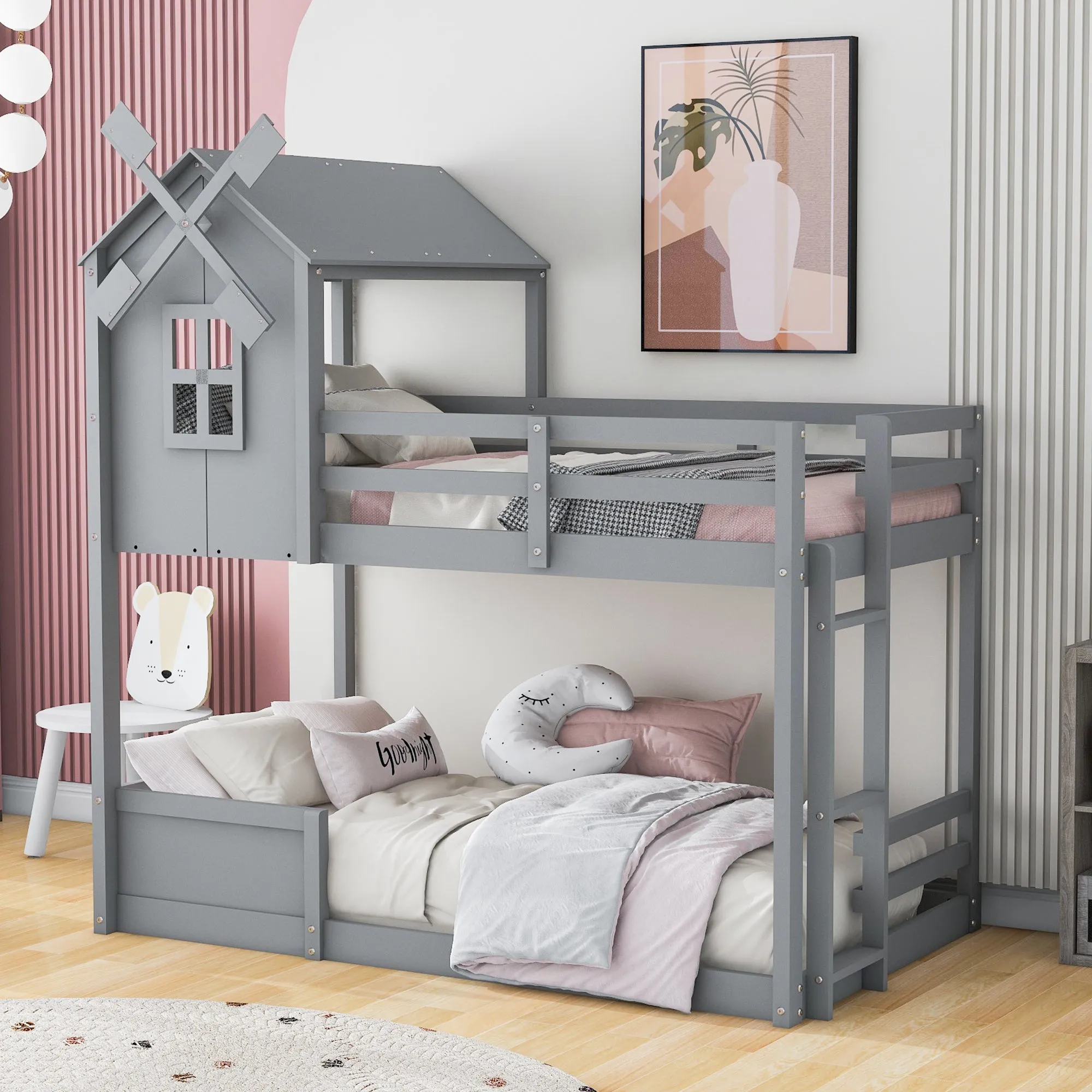 Twin over Twin Bunk Bed with Roof and Window, with Guardrails and Ladder, Gray