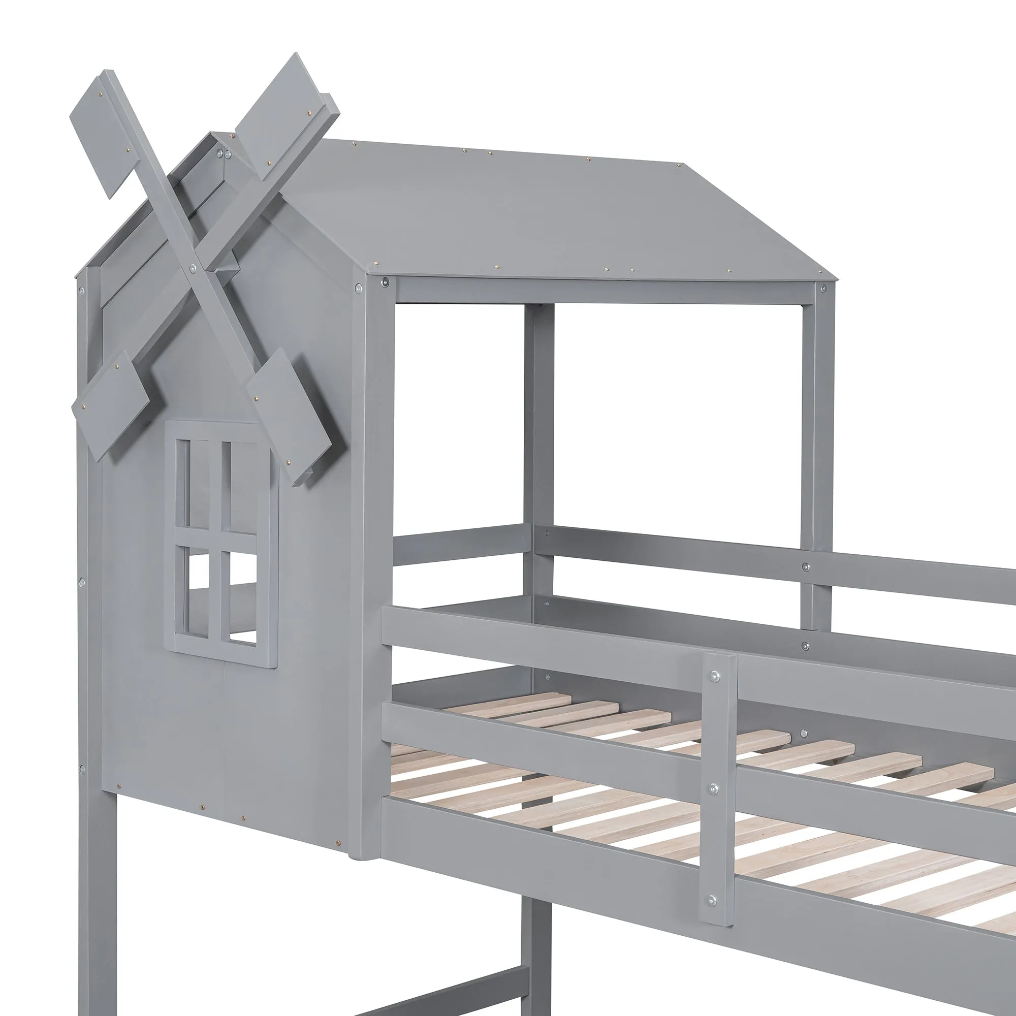 Twin over Twin Bunk Bed with Roof and Window, with Guardrails and Ladder, Gray
