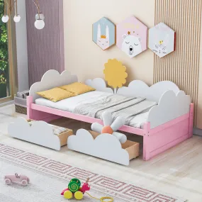 Twin Size Bed with Clouds and Sun Decor, Platform Bed with 2 Drawers (White Pink)