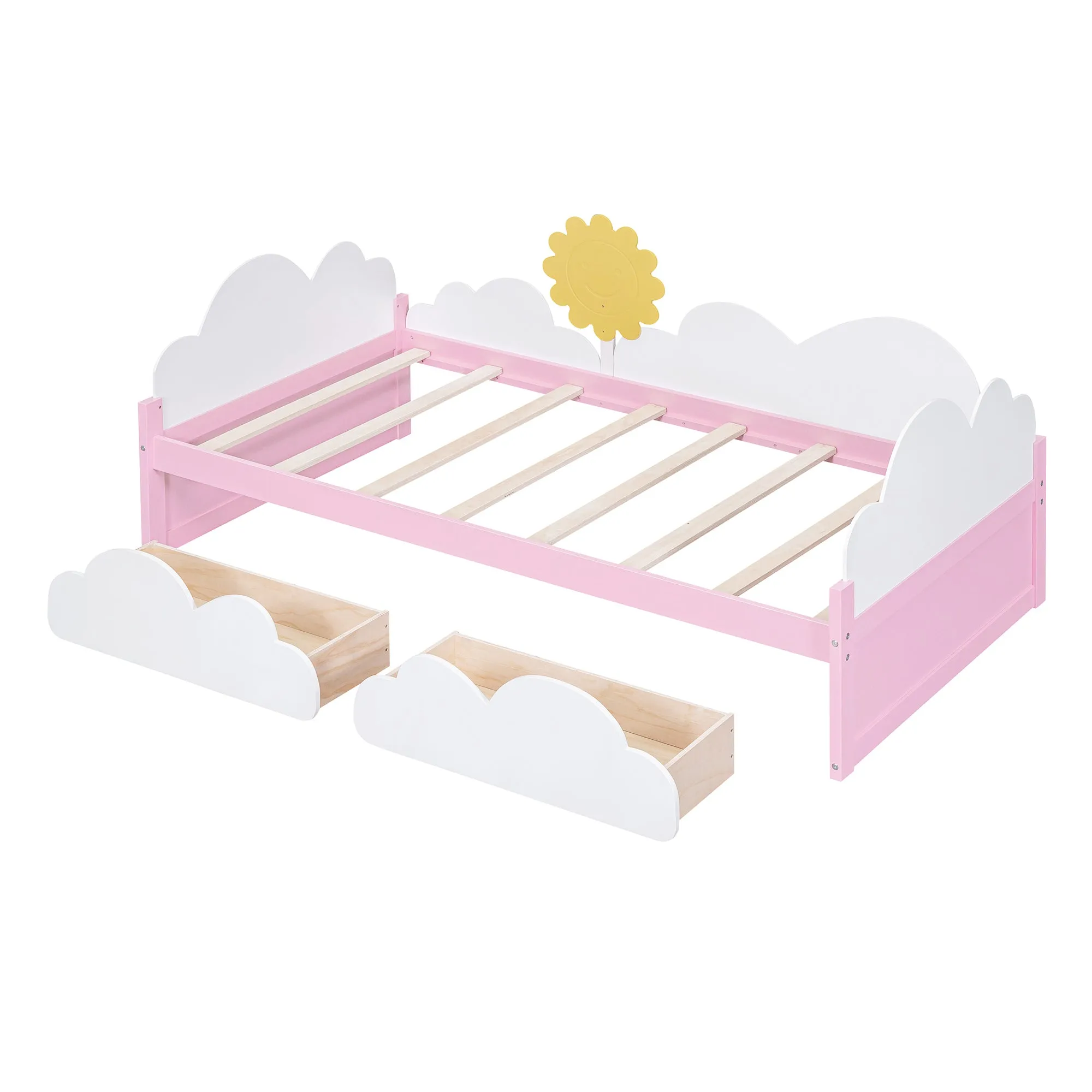 Twin Size Bed with Clouds and Sun Decor, Platform Bed with 2 Drawers (White Pink)
