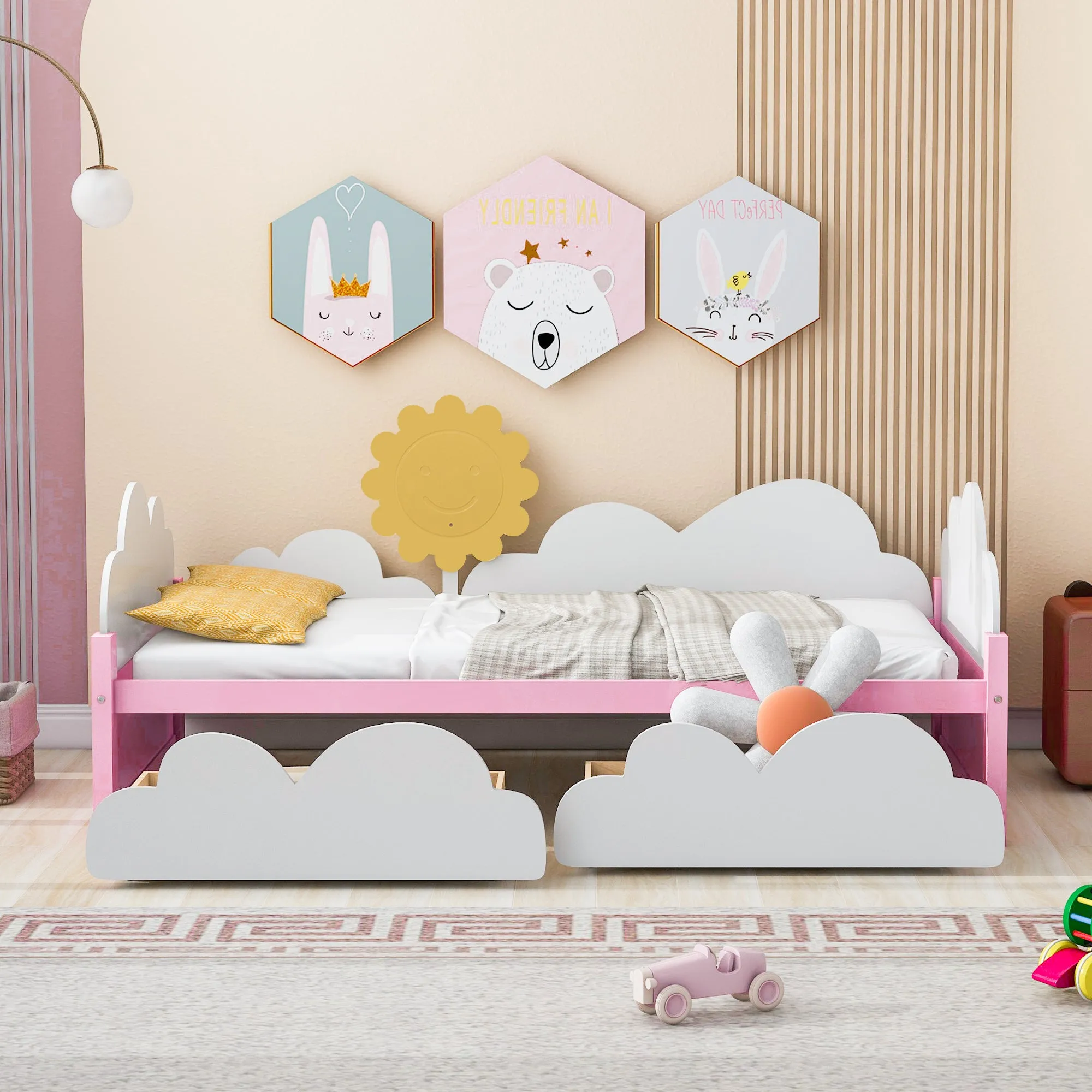 Twin Size Bed with Clouds and Sun Decor, Platform Bed with 2 Drawers (White Pink)
