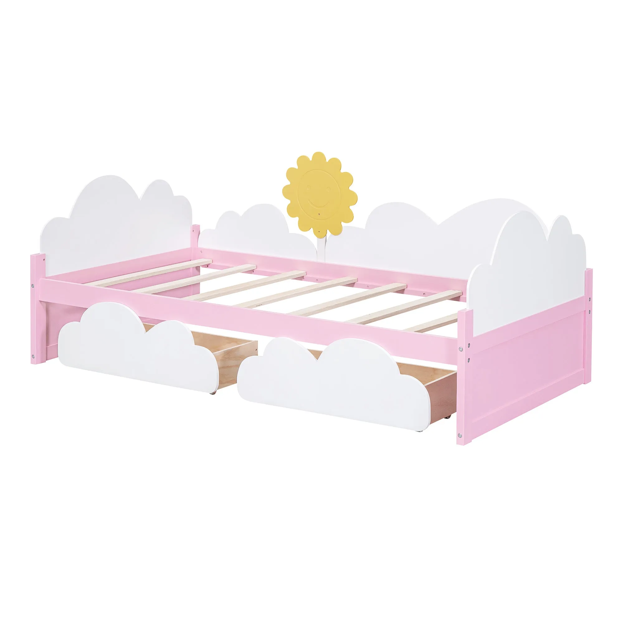 Twin Size Bed with Clouds and Sun Decor, Platform Bed with 2 Drawers (White Pink)