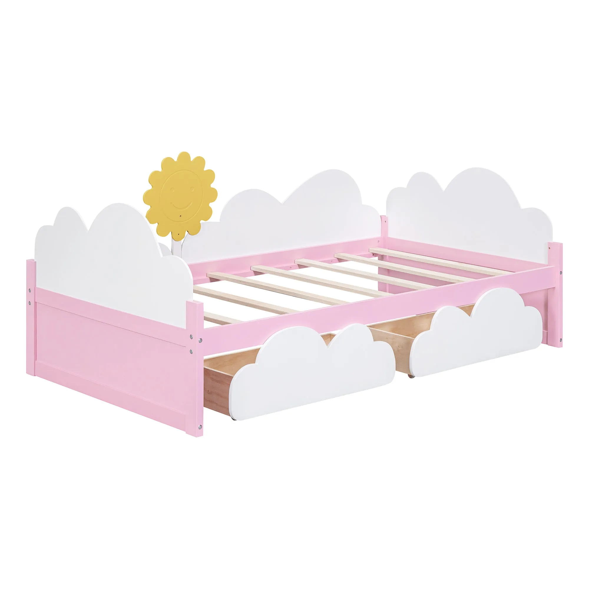 Twin Size Bed with Clouds and Sun Decor, Platform Bed with 2 Drawers (White Pink)