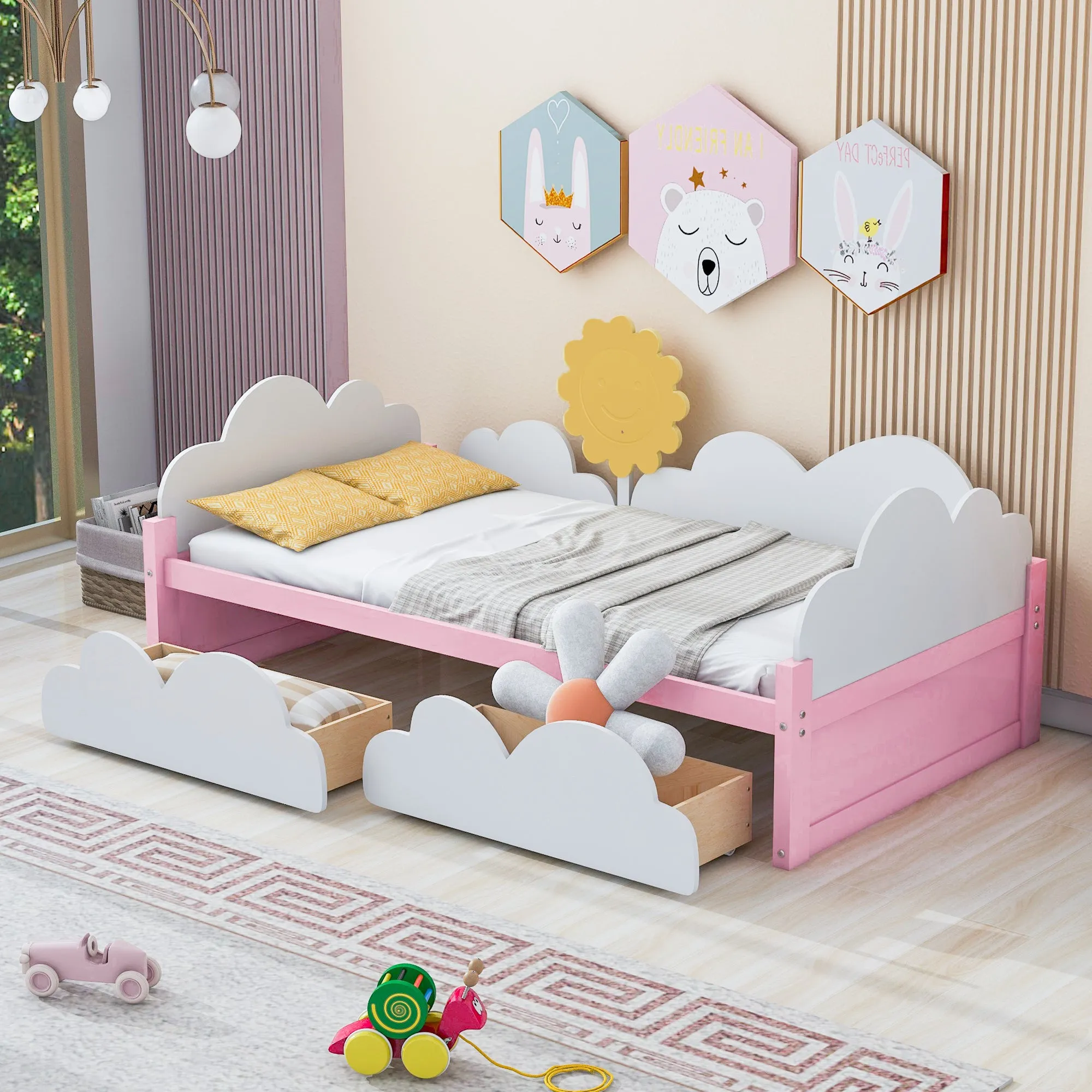 Twin Size Bed with Clouds and Sun Decor, Platform Bed with 2 Drawers (White Pink)