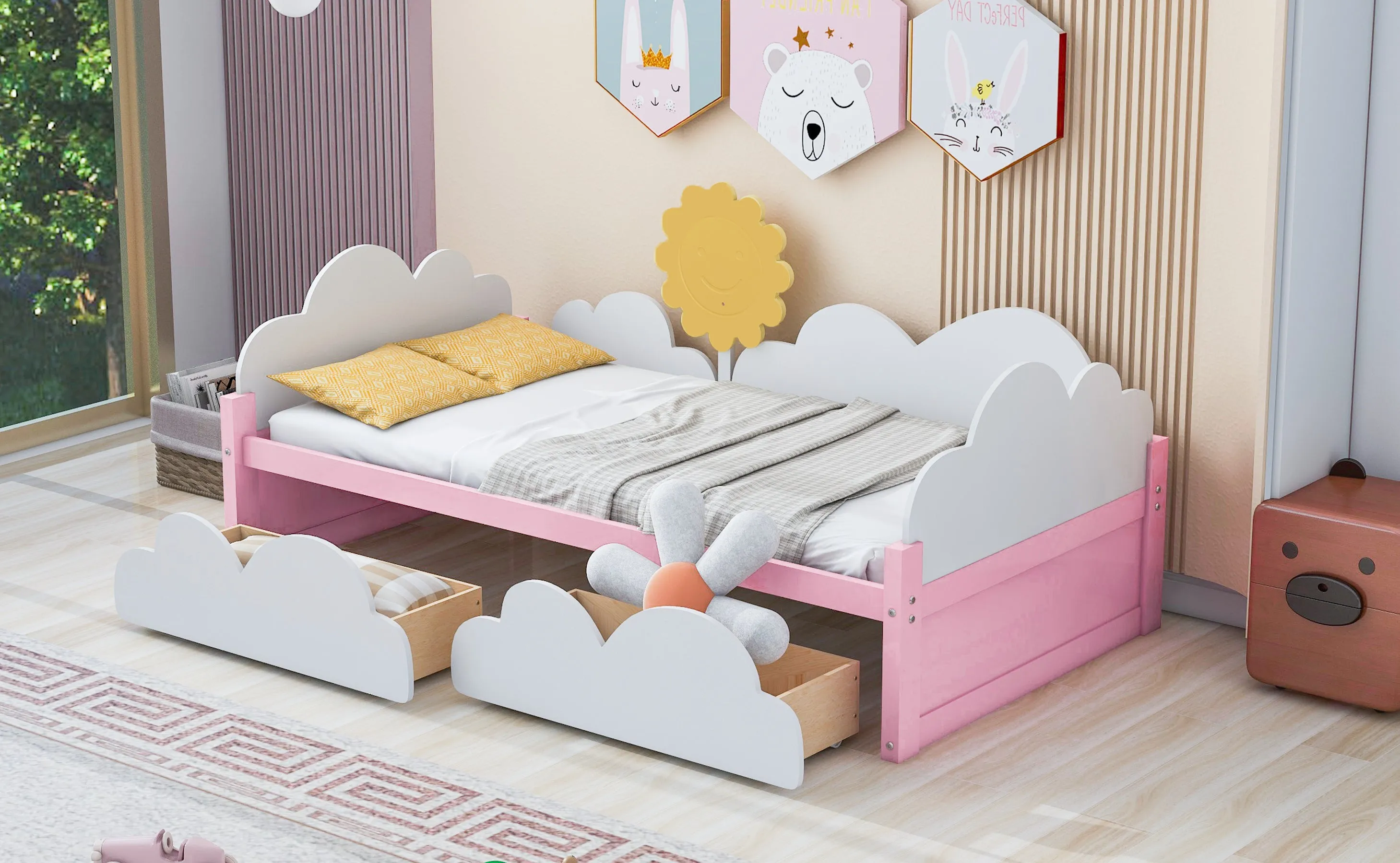 Twin Size Bed with Clouds and Sun Decor, Platform Bed with 2 Drawers (White Pink)