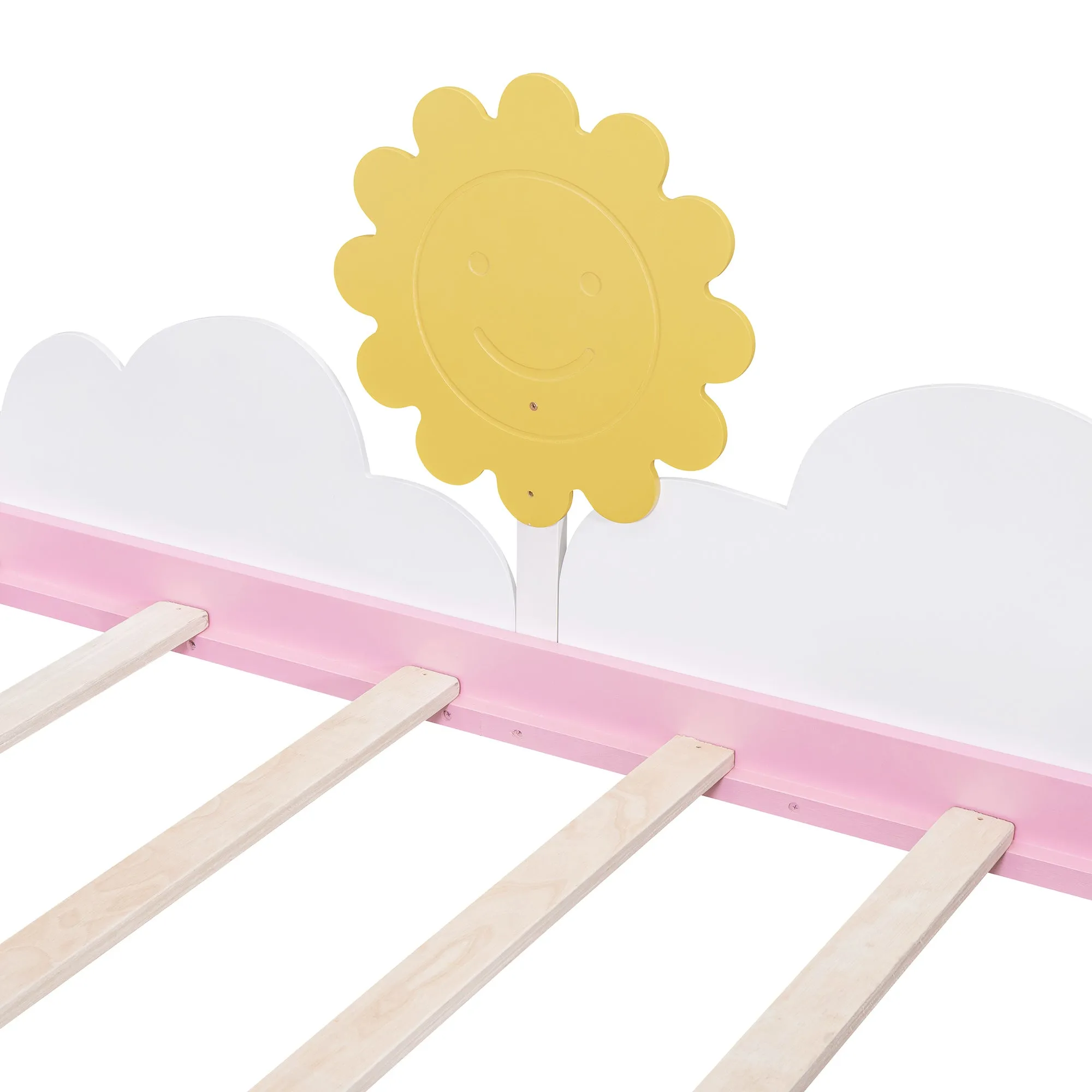 Twin Size Bed with Clouds and Sun Decor, Platform Bed with 2 Drawers (White Pink)