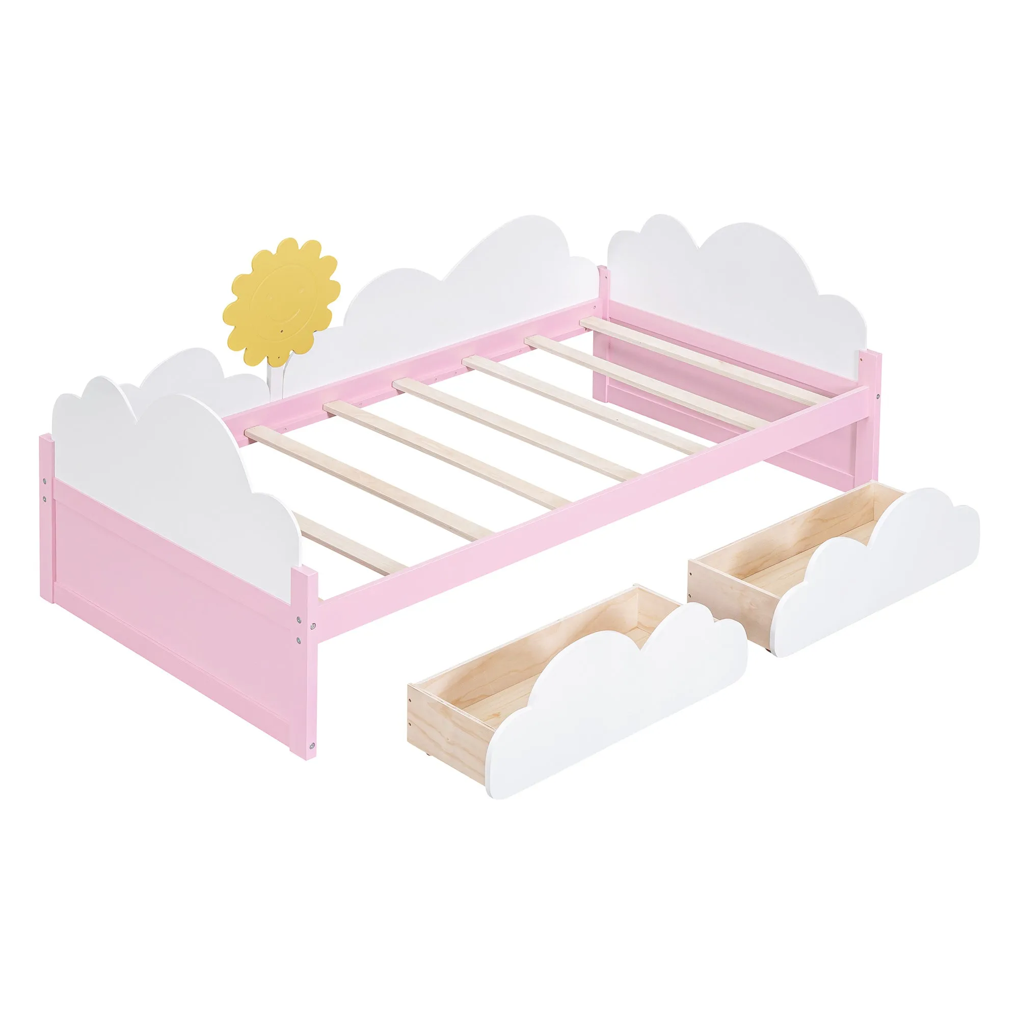 Twin Size Bed with Clouds and Sun Decor, Platform Bed with 2 Drawers (White Pink)