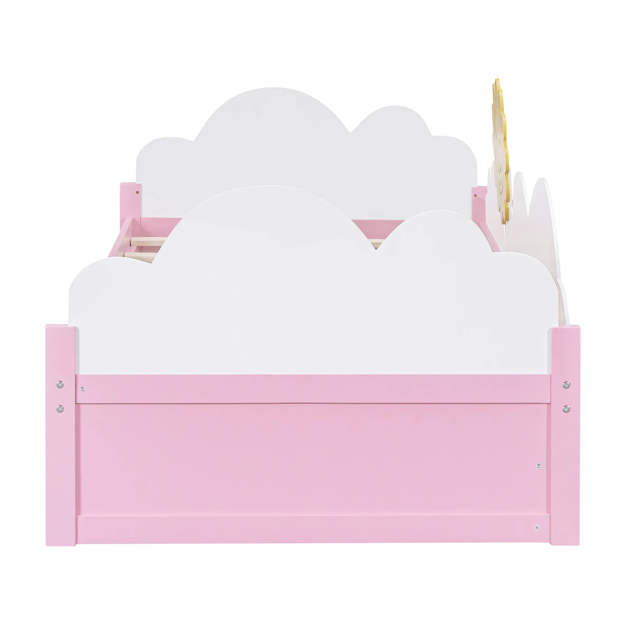 Twin Size Bed with Clouds and Sun Decor, Platform Bed with 2 Drawers (White Pink)