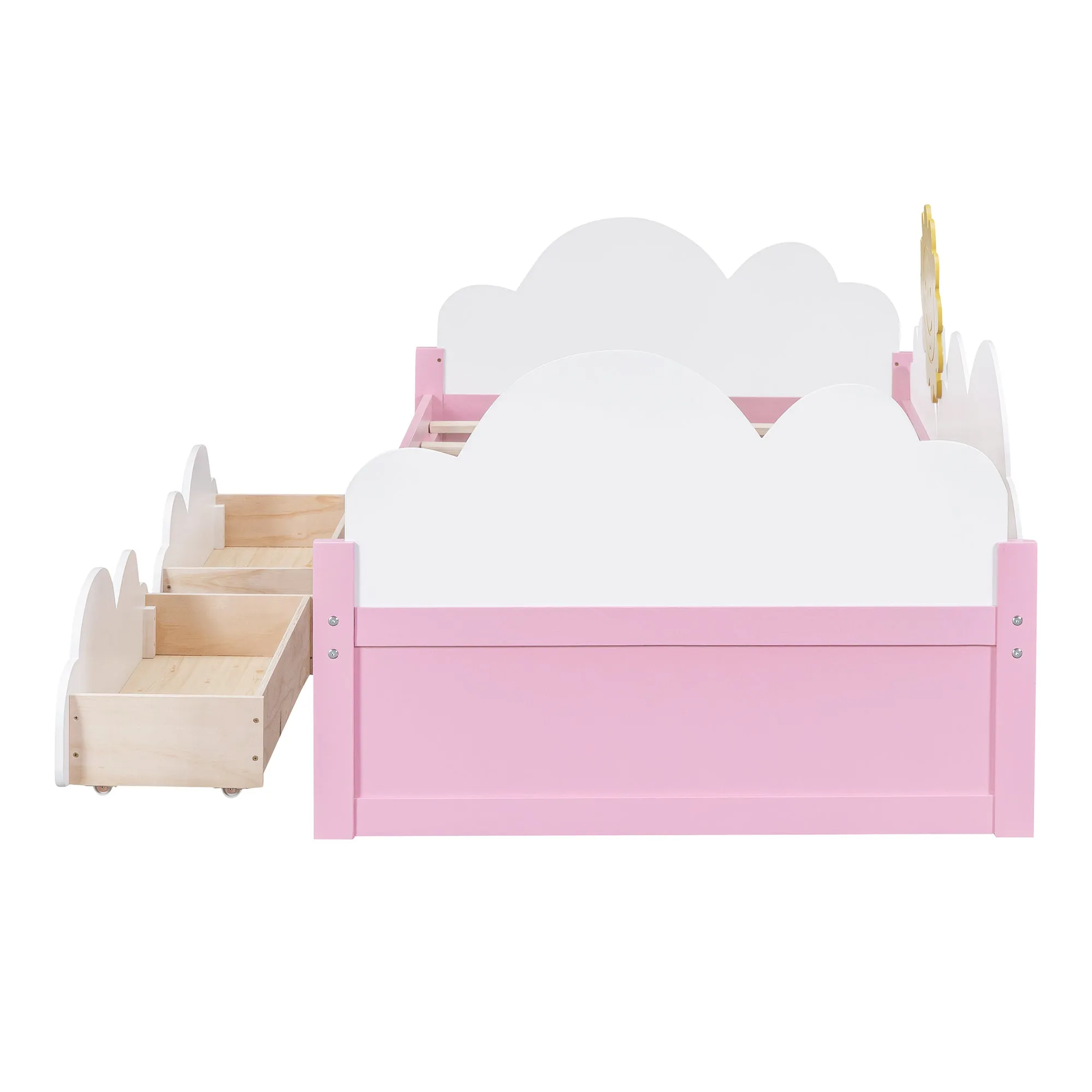 Twin Size Bed with Clouds and Sun Decor, Platform Bed with 2 Drawers (White Pink)