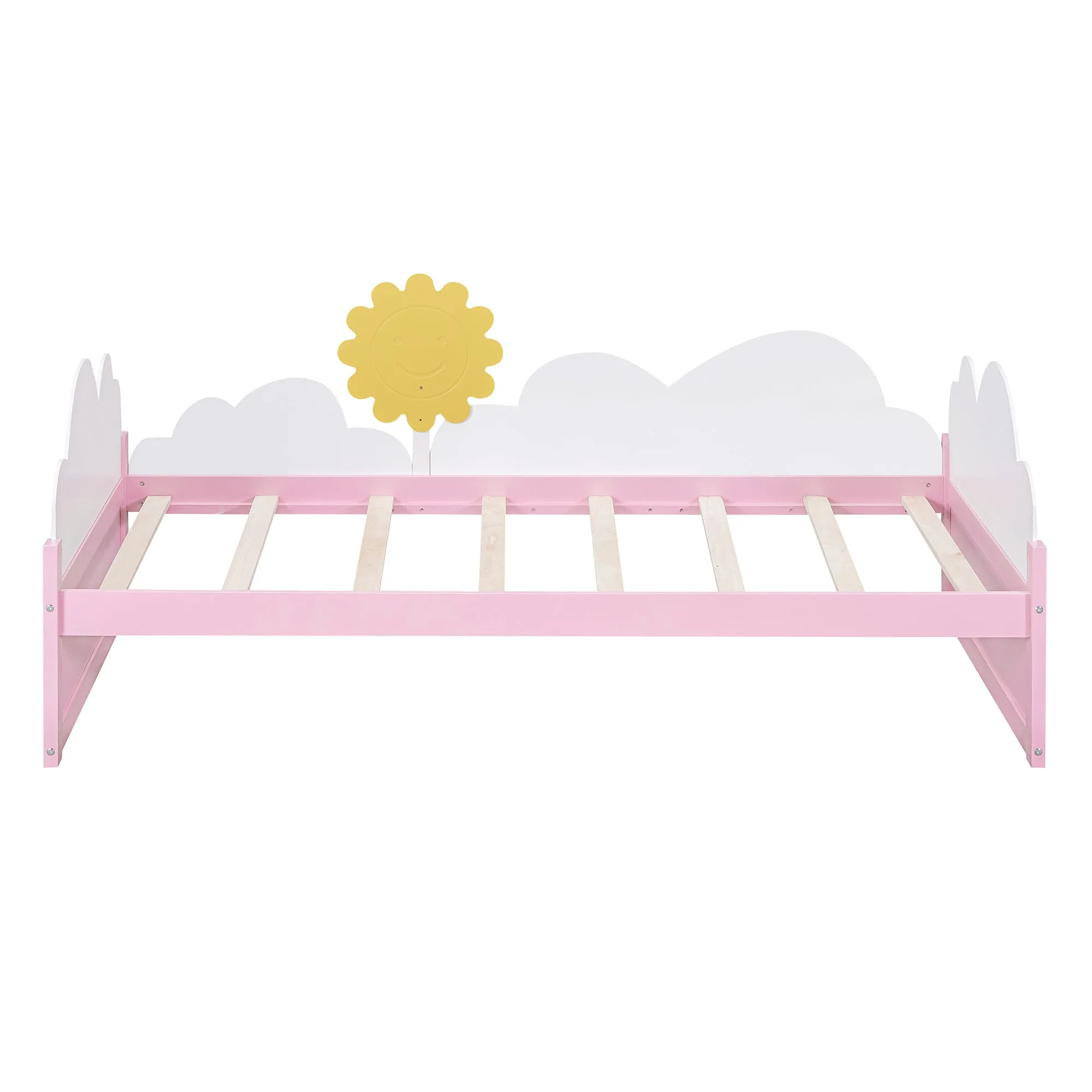 Twin Size Bed with Clouds and Sun Decor, Platform Bed with 2 Drawers (White Pink)