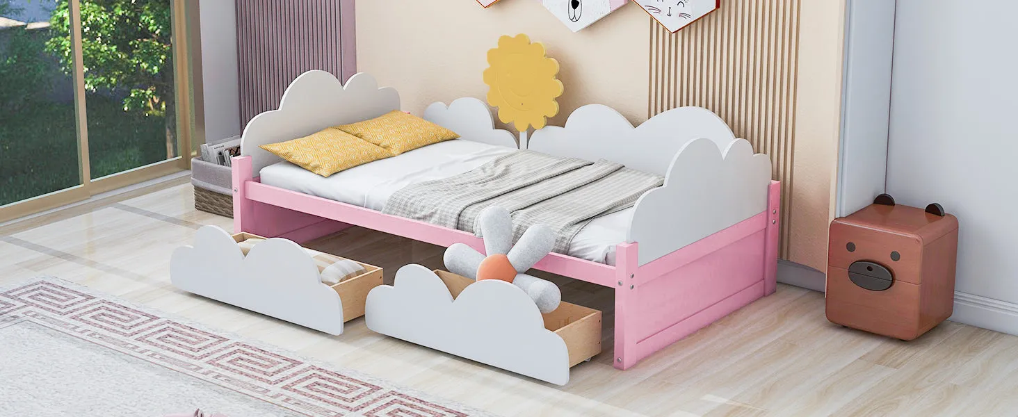 Twin Size Bed with Clouds and Sun Decor, Platform Bed with 2 Drawers (White Pink)