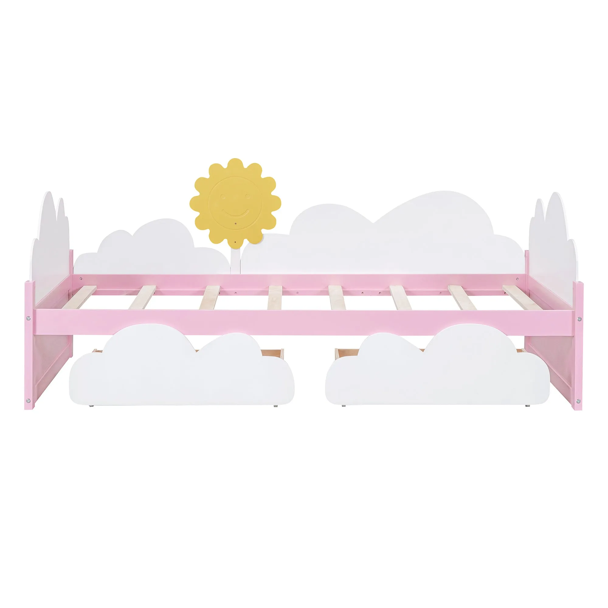 Twin Size Bed with Clouds and Sun Decor, Platform Bed with 2 Drawers (White Pink)