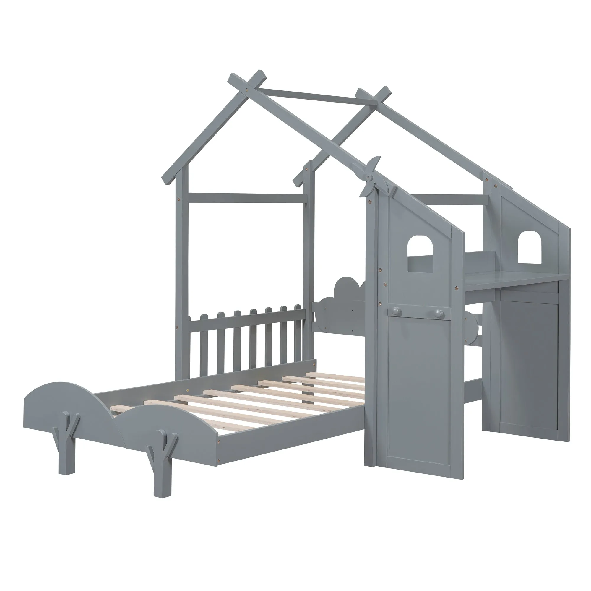 Twin Size Platform Bed with Windmill and Flower Decor, House Bed with Desk and two Handles, Gray