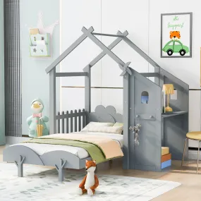 Twin Size Platform Bed with Windmill and Flower Decor, House Bed with Desk and two Handles, Gray