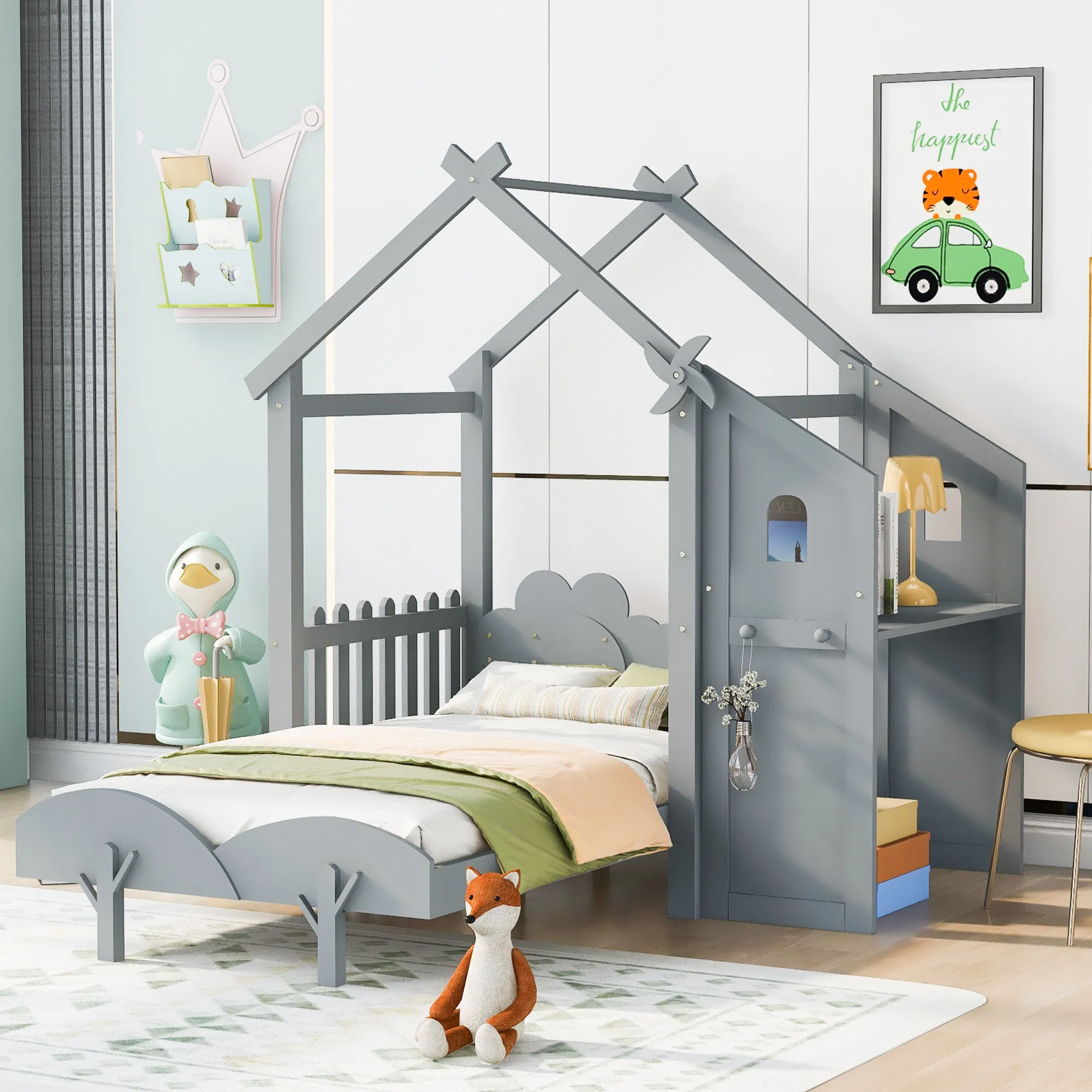 Twin Size Platform Bed with Windmill and Flower Decor, House Bed with Desk and two Handles, Gray