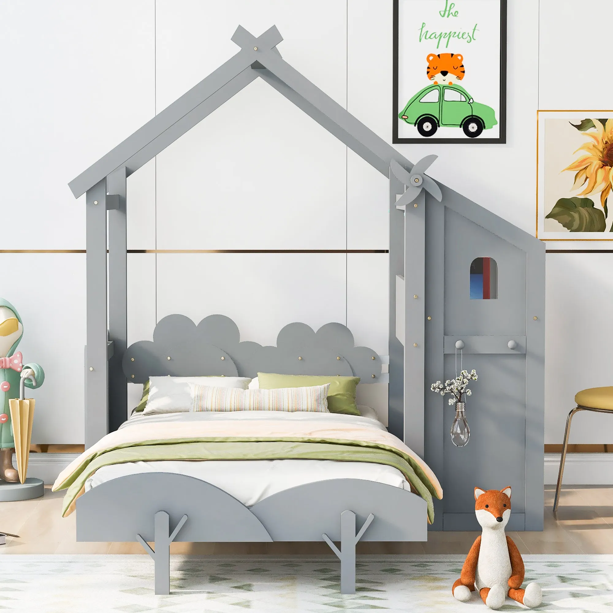 Twin Size Platform Bed with Windmill and Flower Decor, House Bed with Desk and two Handles, Gray