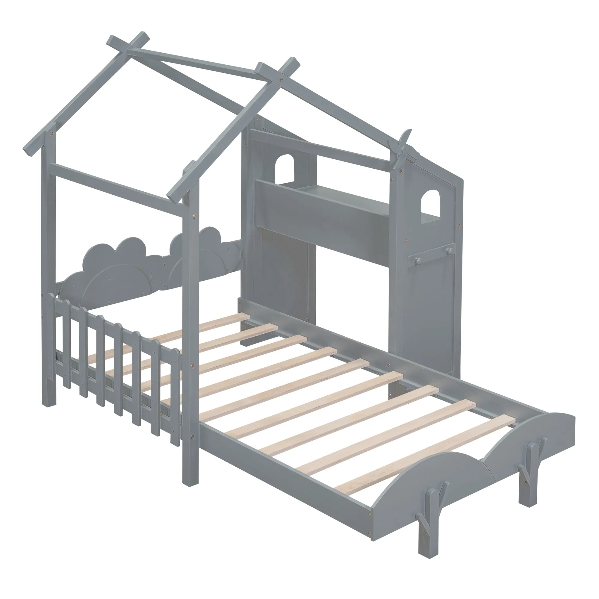 Twin Size Platform Bed with Windmill and Flower Decor, House Bed with Desk and two Handles, Gray