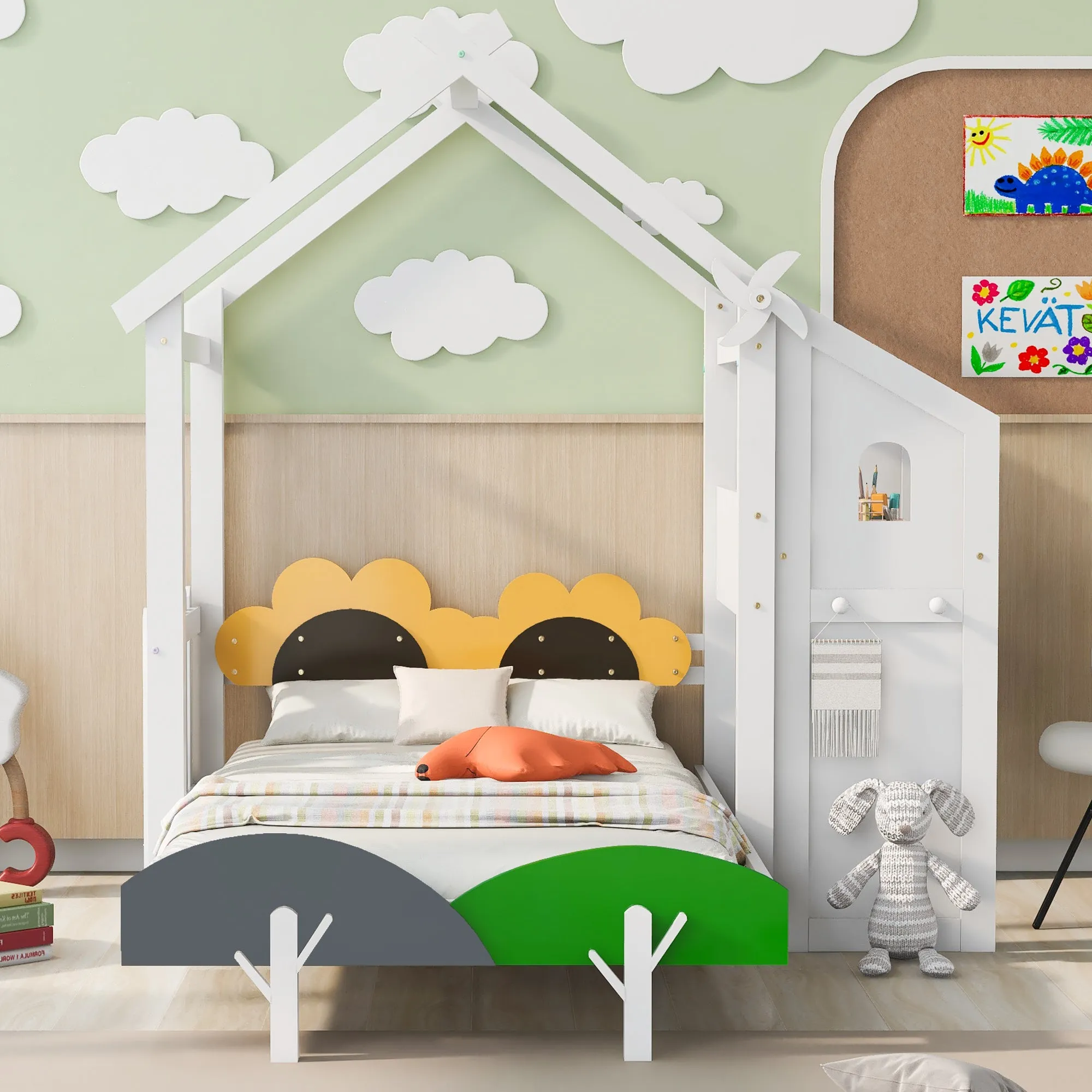 Twin Size Platform Bed with Windmill and Flower Decor, House Bed with Desk and two Handles, White