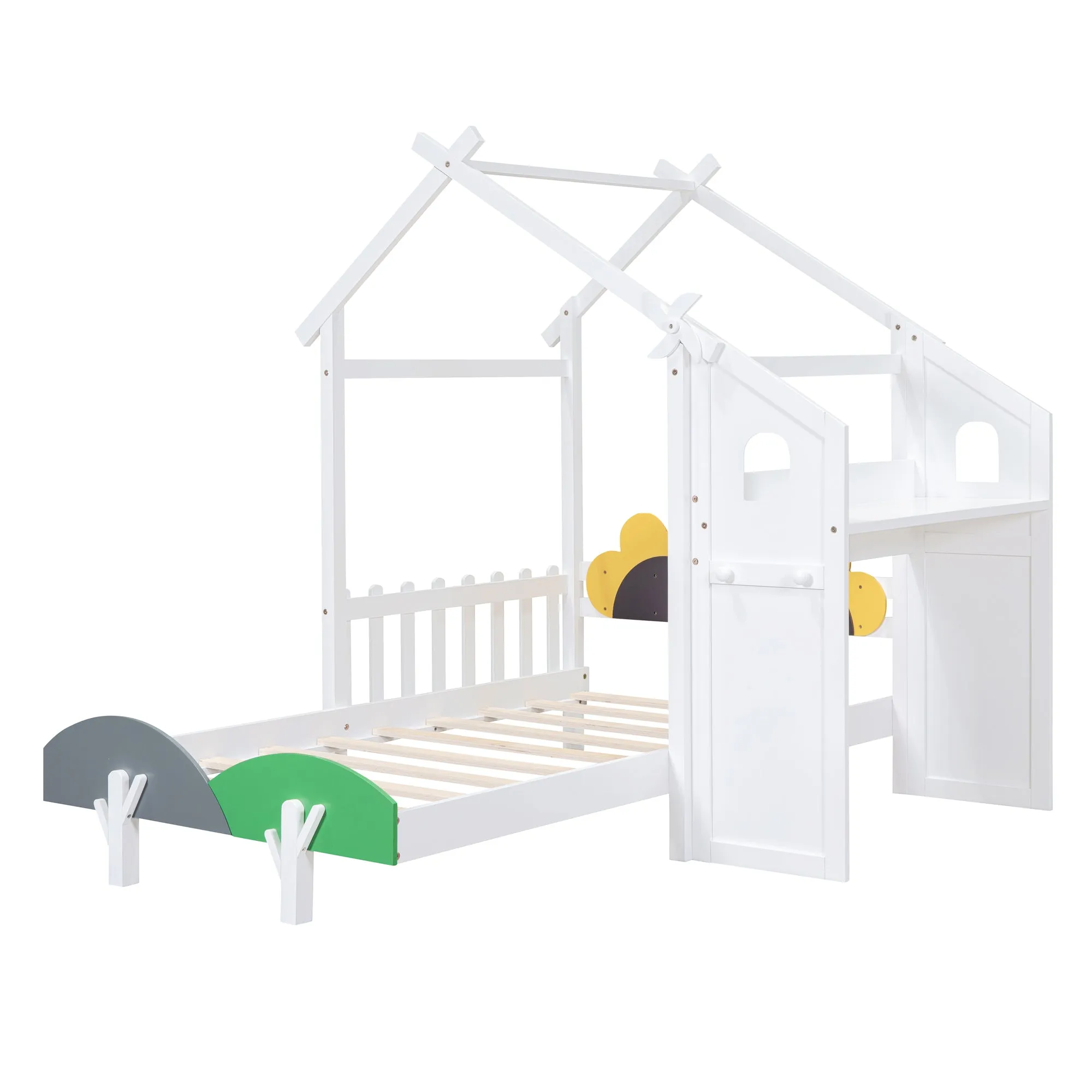 Twin Size Platform Bed with Windmill and Flower Decor, House Bed with Desk and two Handles, White