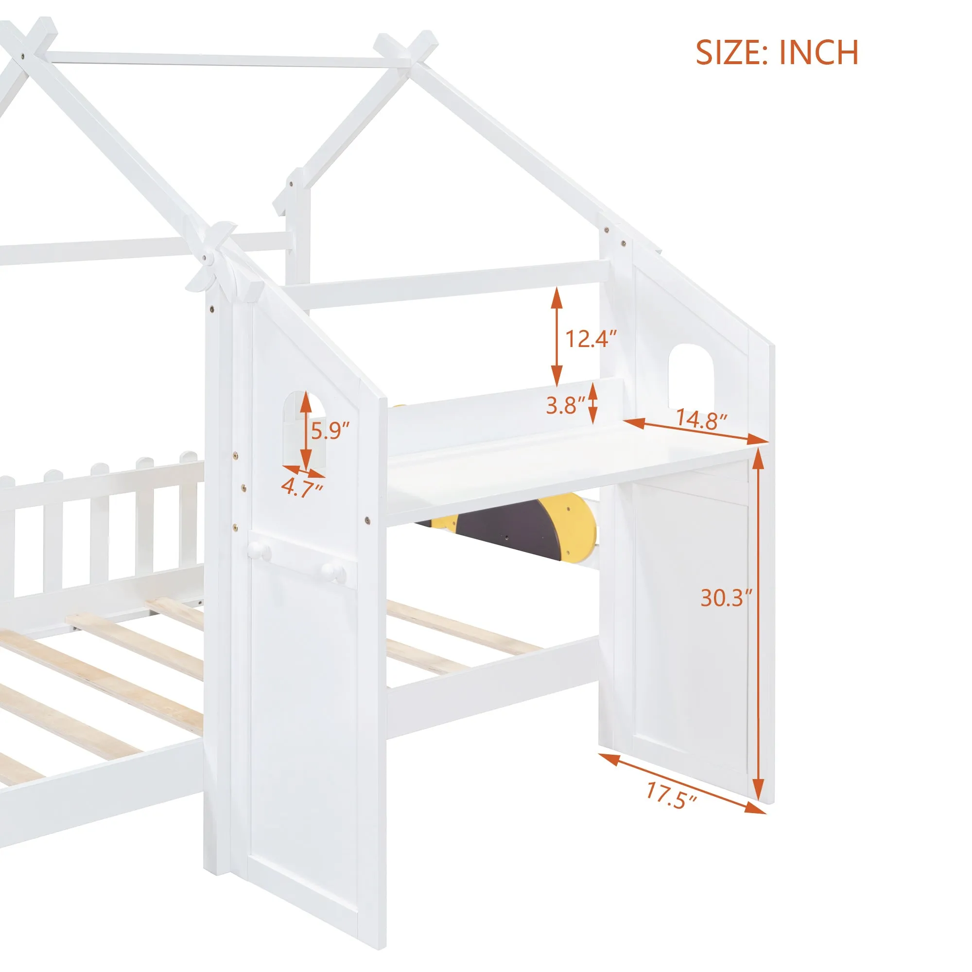 Twin Size Platform Bed with Windmill and Flower Decor, House Bed with Desk and two Handles, White