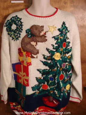 Unique 80s Bear Putting Star on Tree Ugly Christmas Sweater