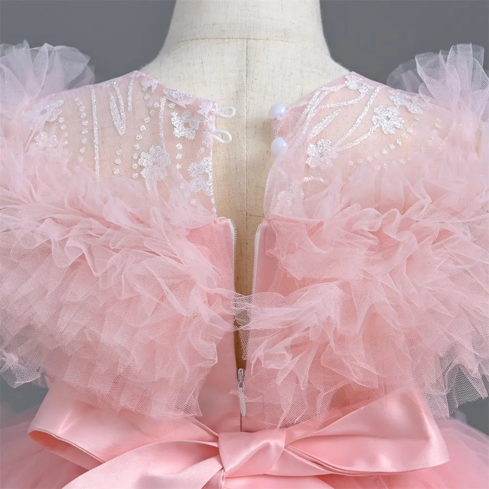 VA124 3 to12 Years Outong Yoliyolei  Long Sleeve Lace Princess Dress For Girl Birthday Party Tail Children's Dresses Girl 3 To 9 Years With Pearls Applique