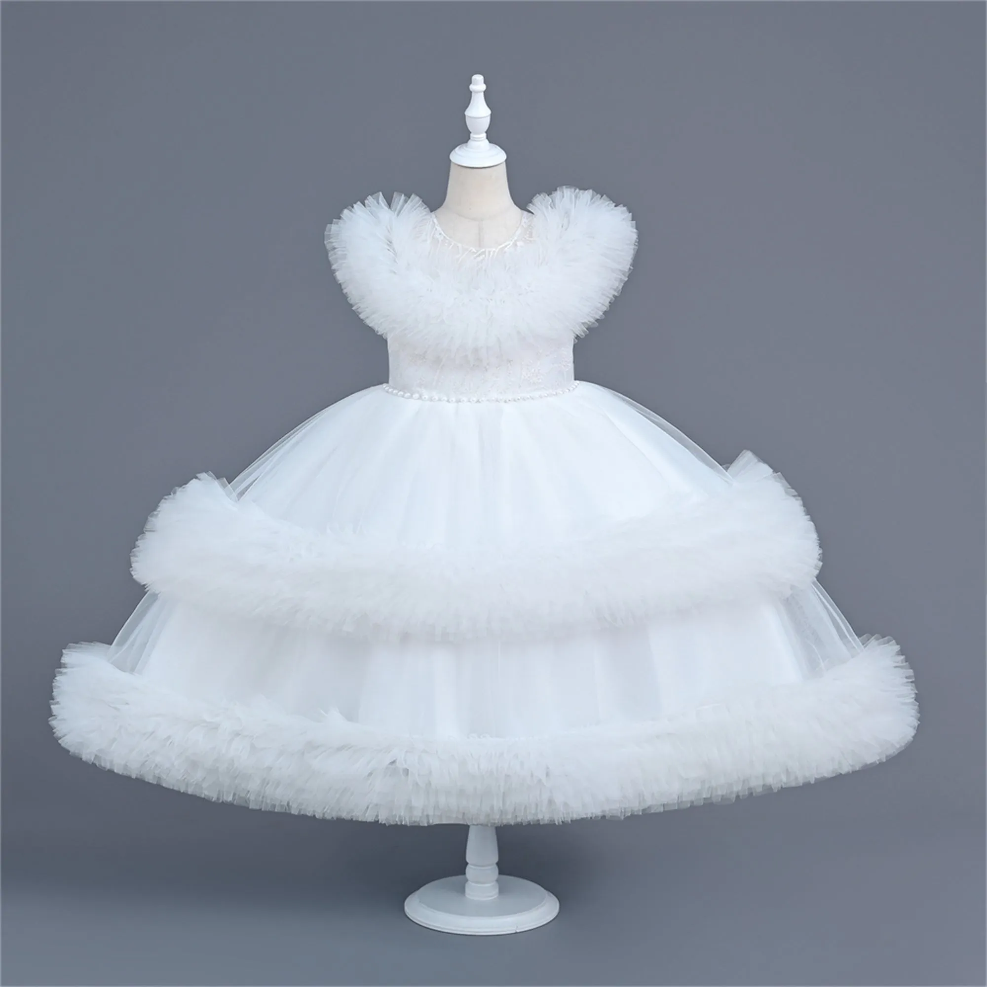 VA124 3 to12 Years Outong Yoliyolei  Long Sleeve Lace Princess Dress For Girl Birthday Party Tail Children's Dresses Girl 3 To 9 Years With Pearls Applique