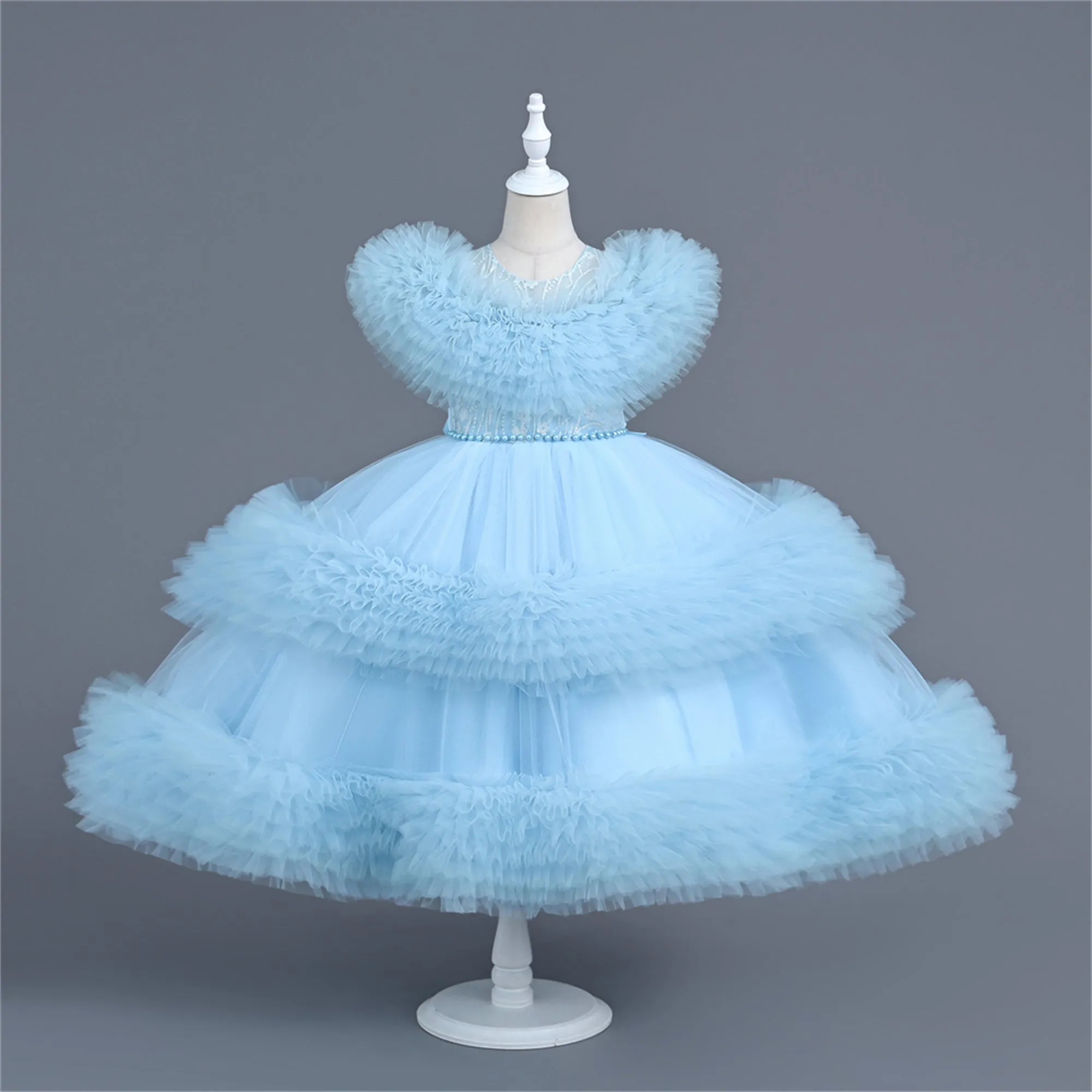 VA124 3 to12 Years Outong Yoliyolei  Long Sleeve Lace Princess Dress For Girl Birthday Party Tail Children's Dresses Girl 3 To 9 Years With Pearls Applique
