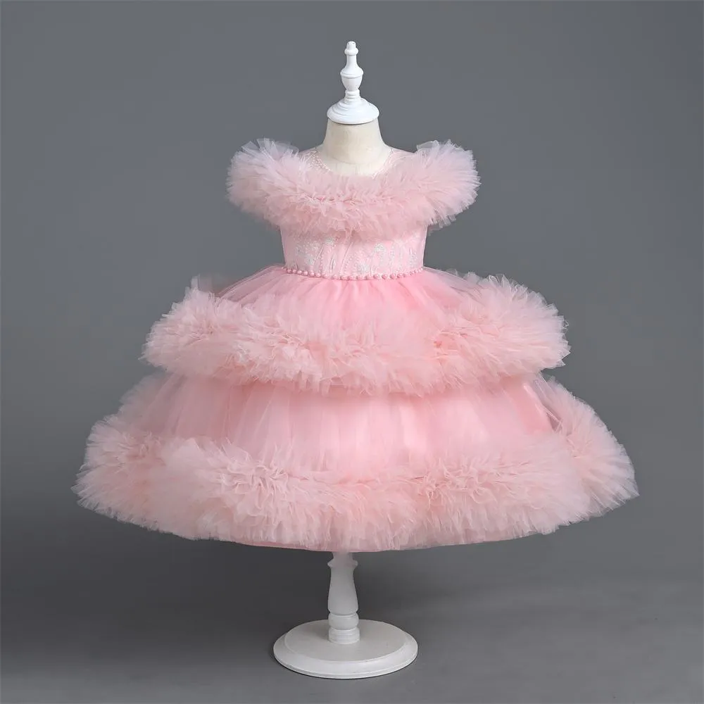 VA124 3 to12 Years Outong Yoliyolei  Long Sleeve Lace Princess Dress For Girl Birthday Party Tail Children's Dresses Girl 3 To 9 Years With Pearls Applique