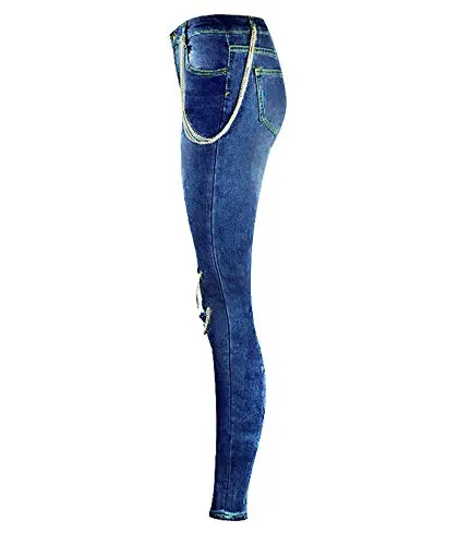 xxxiticat Women's Denim Pencil Pants High Wasit Destroyed Trendy High Broken Hole Chain Criss Cross Long Jean Trousers(9093,ZQ,2XL)