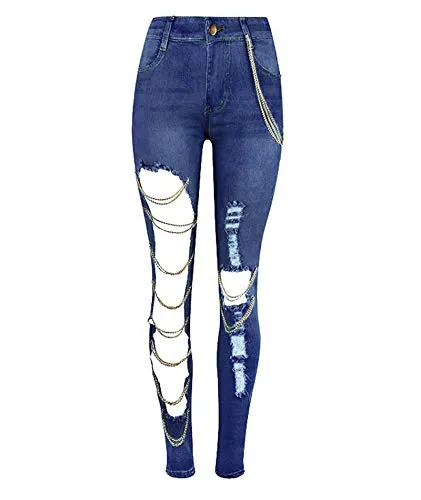 xxxiticat Women's Denim Pencil Pants High Wasit Destroyed Trendy High Broken Hole Chain Criss Cross Long Jean Trousers(9093,ZQ,2XL)