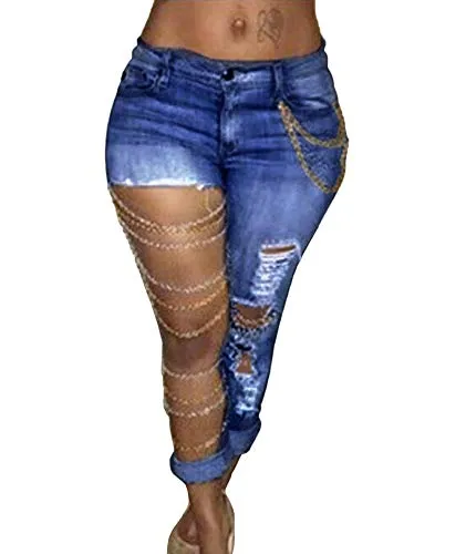 xxxiticat Women's Denim Pencil Pants High Wasit Destroyed Trendy High Broken Hole Chain Criss Cross Long Jean Trousers(9093,ZQ,2XL)