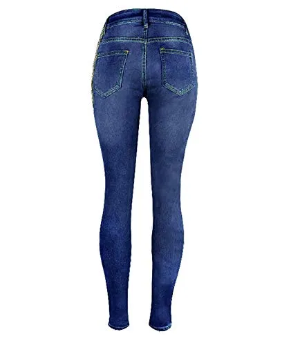xxxiticat Women's Denim Pencil Pants High Wasit Destroyed Trendy High Broken Hole Chain Criss Cross Long Jean Trousers(9093,ZQ,2XL)