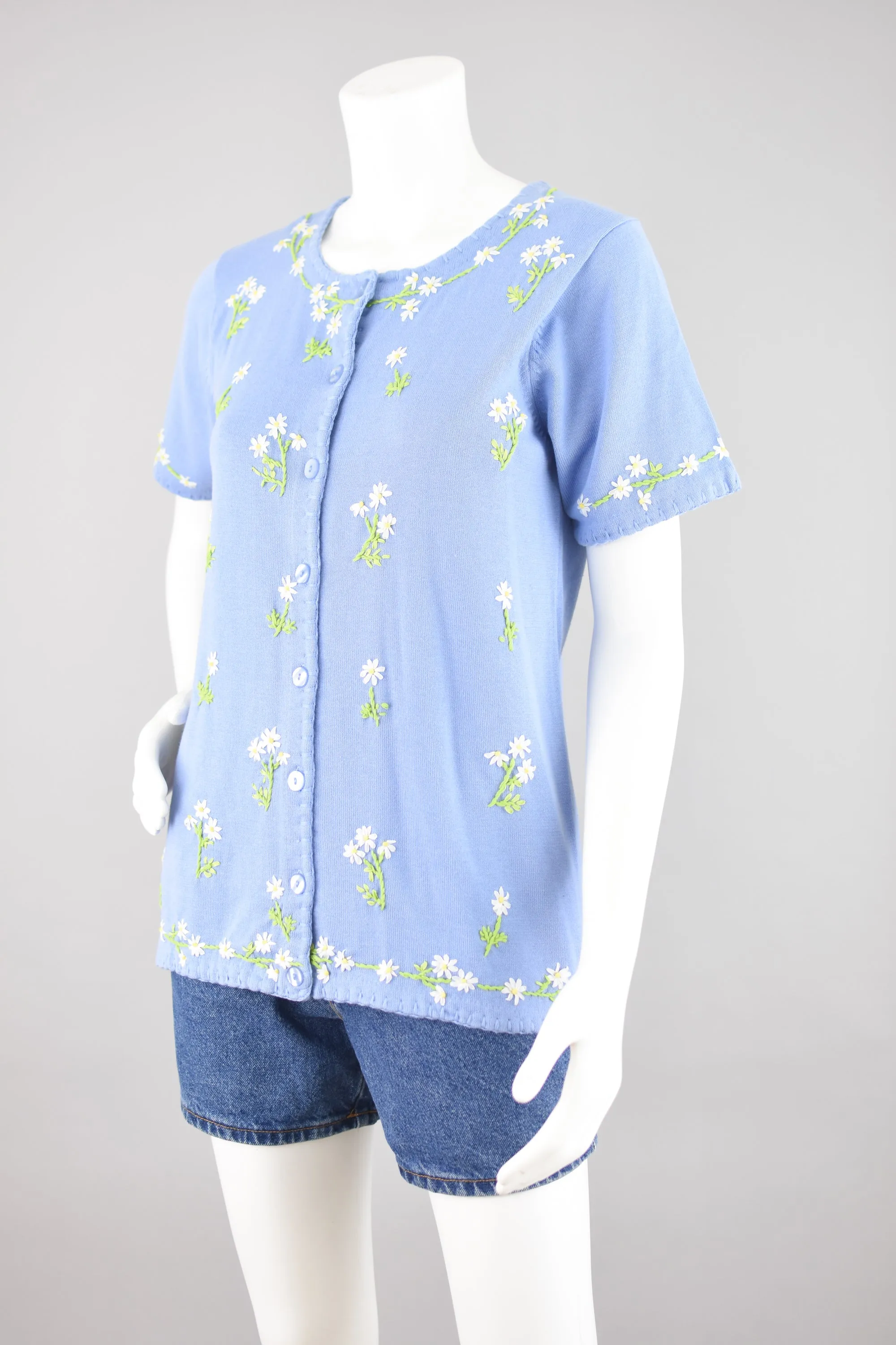 Y2K Blue Embroidered Flowers Cardigan, Women's Extra Small